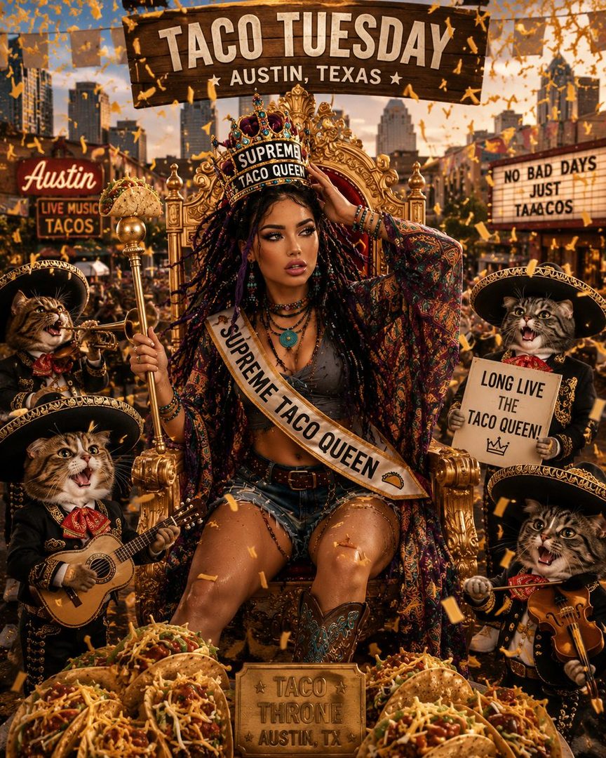 A woman crowned as the 'Supreme Taco Queen' sits on a throne surrounded by mariachi cats and tacos, with a cityscape in the background.