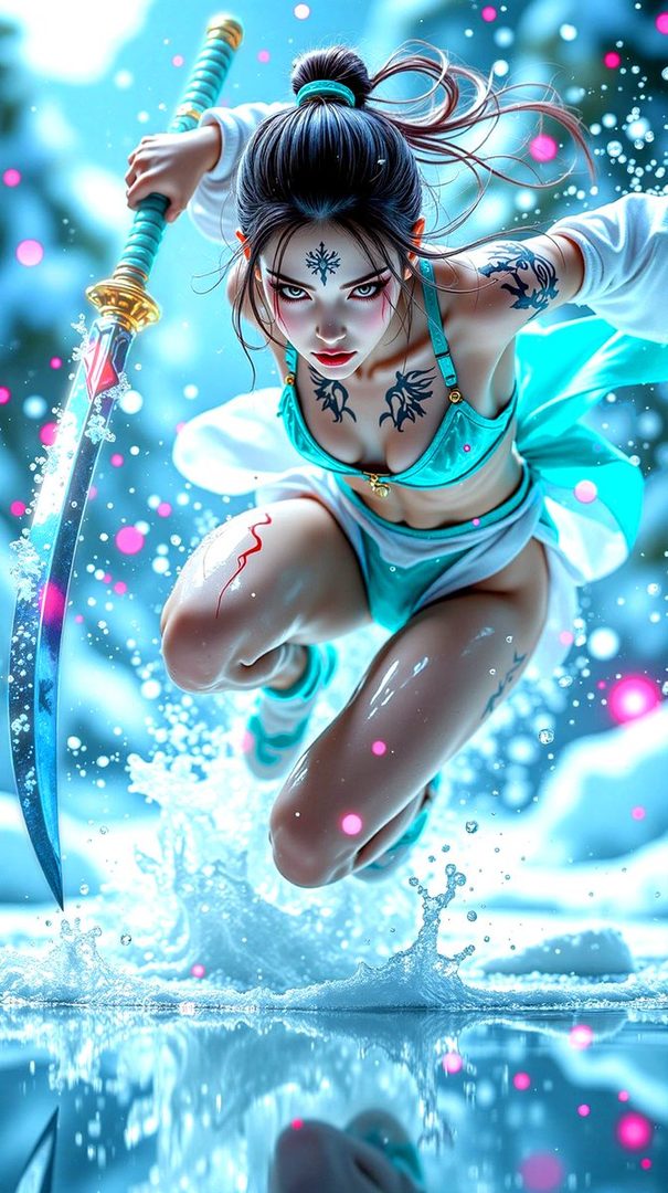 A dynamic portrait of a female ninja in a turquoise bikini and white jacket, wielding a katana, mid-action with water splashing around her.
