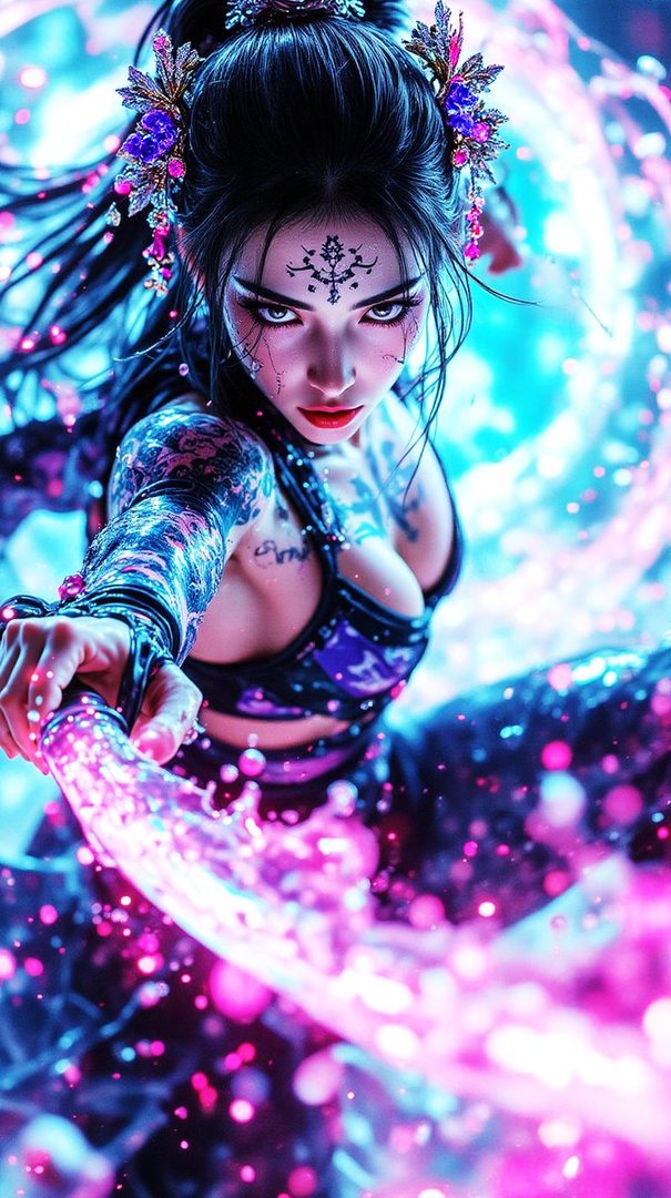 A photorealistic portrait of a woman with black hair in a futuristic ninja outfit, surrounded by glowing pink and blue energy.