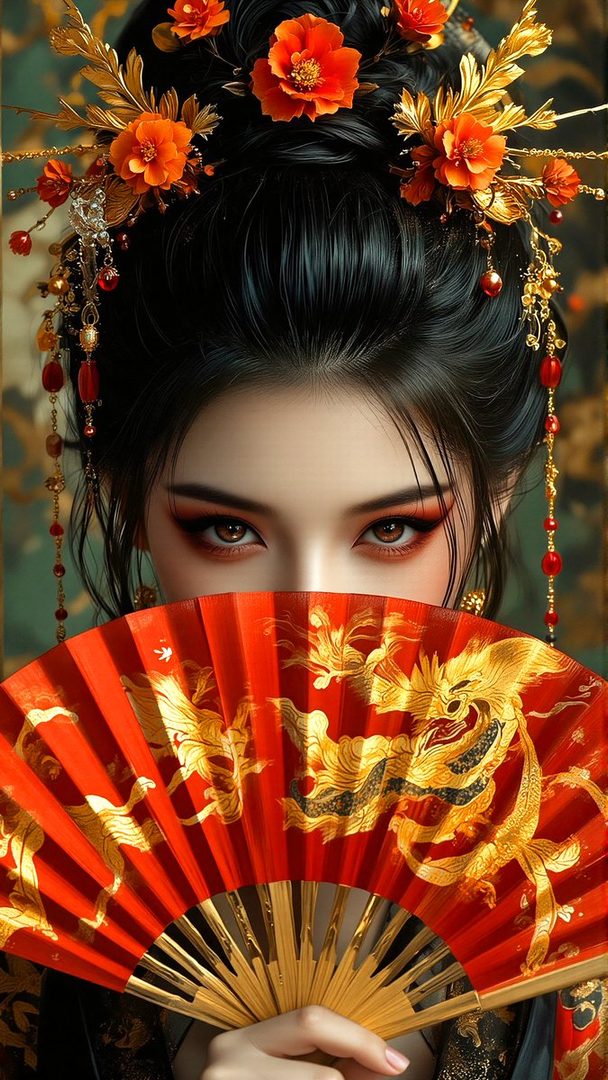 A portrait of an East Asian woman with black hair adorned with orange flowers and gold ornaments, holding a red fan with golden dragon patterns in front of her face.