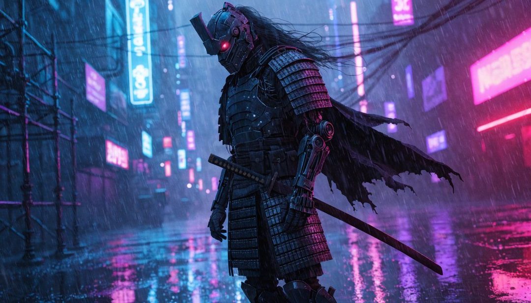A lone cyberpunk samurai in futuristic armor stands in a rain-soaked neon city at night, with glowing pink and blue signs reflecting on the wet street.