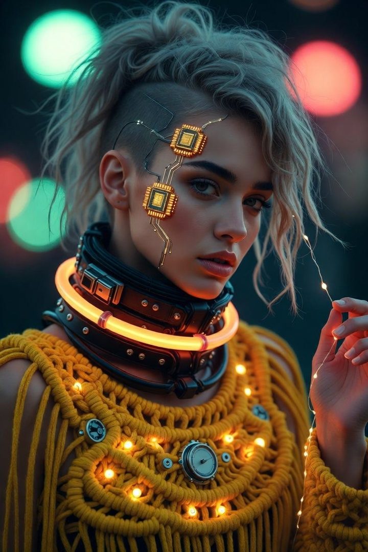 Cyberpunk fashion portrait of a young woman with blonde hair, cybernetic implants, and a yellow knit dress, holding fairy lights against a bokeh background.
