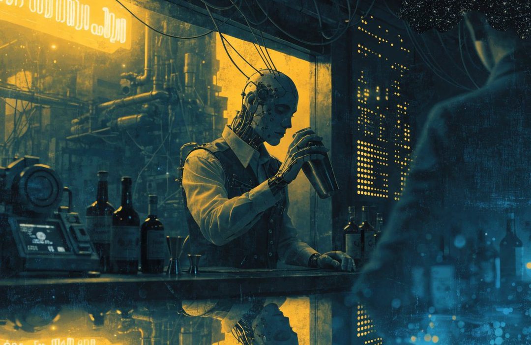 An android bartender with visible mechanical parts, wearing a vest and shirt, mixes a drink behind a bar in a dimly lit, cyberpunk-themed establishment with neon yellow and blue lighting.