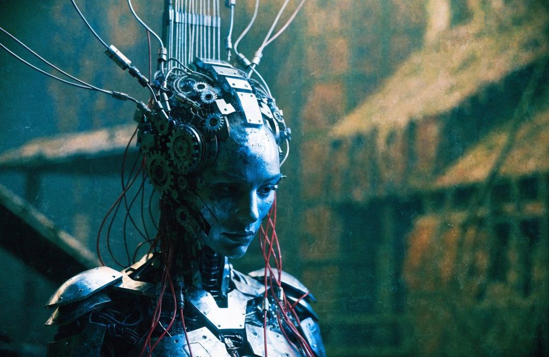 Photorealistic portrait of a female cyborg with intricate mechanical headpiece and blue metallic skin, set against a muted, abstract background.