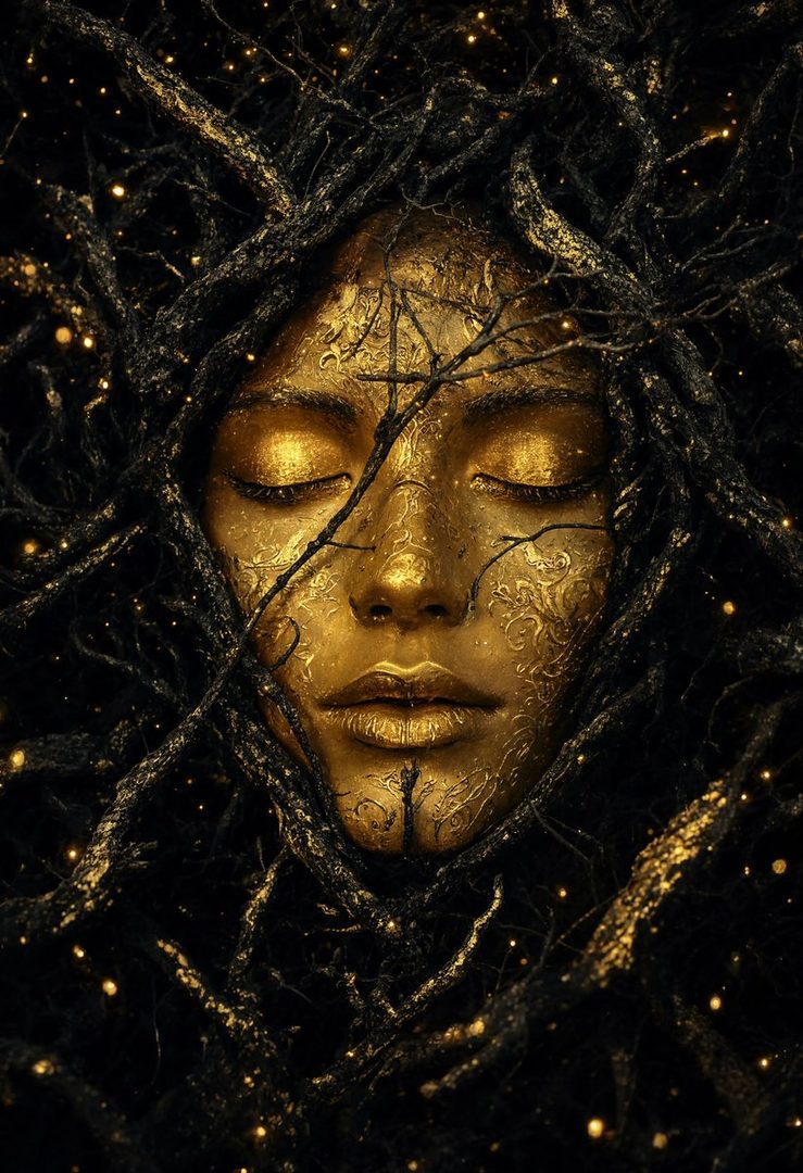 A photorealistic portrait of a face covered in gold with intricate patterns, surrounded by dark branches and glowing lights.