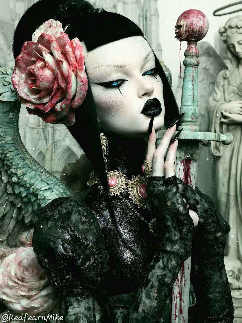 A gothic portrait of a pale-skinned woman with striking blue eyes, black lipstick, and elaborate makeup, holding a sword with a skull pommel. She wears a dark, ornate dress and a large pink rose in her hair, with a background of gothic architecture and statues.