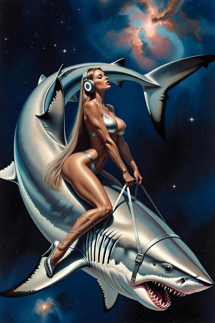 A blonde woman in a silver bikini rides a metallic shark through a starry, nebulae-filled sky, wearing headphones and high heels.