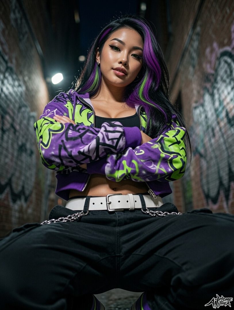 A young East Asian woman with long black hair streaked with purple and green, wearing a purple and green graffiti-style hoodie and black pants, poses in an alleyway at night.