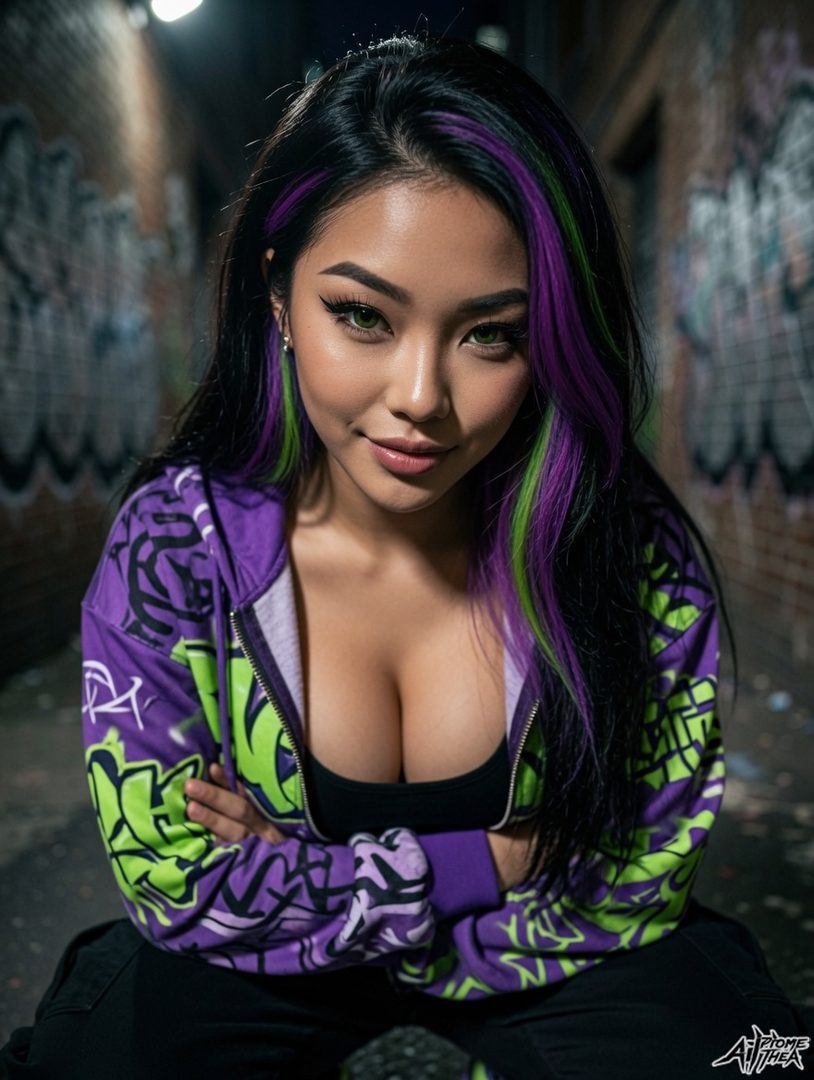 A young East Asian woman with long black hair streaked with purple and green, wearing a purple and green graffiti-style zip-up hoodie over a black top, poses with her arms crossed in a graffiti-covered alleyway at night.