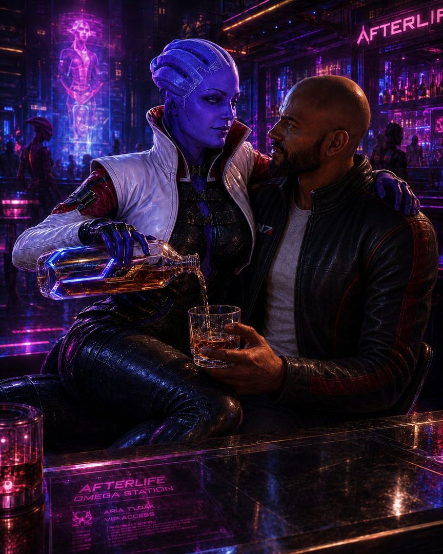 A blue-skinned alien woman pours a drink for a bald man in a futuristic bar.