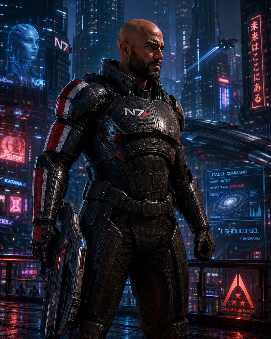 A bald man in futuristic armor stands in a neon-lit cyberpunk city at night, holding a weapon.
