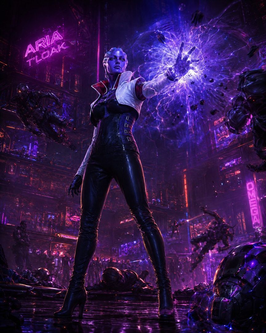 A blue-skinned female character with white and black attire, conjuring purple energy in a futuristic city at night.