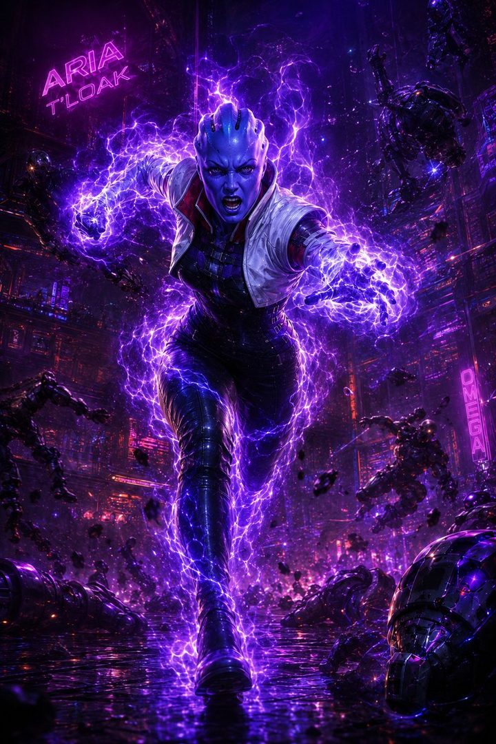A blue-skinned alien woman with glowing purple energy crackling around her, running through a futuristic city at night.