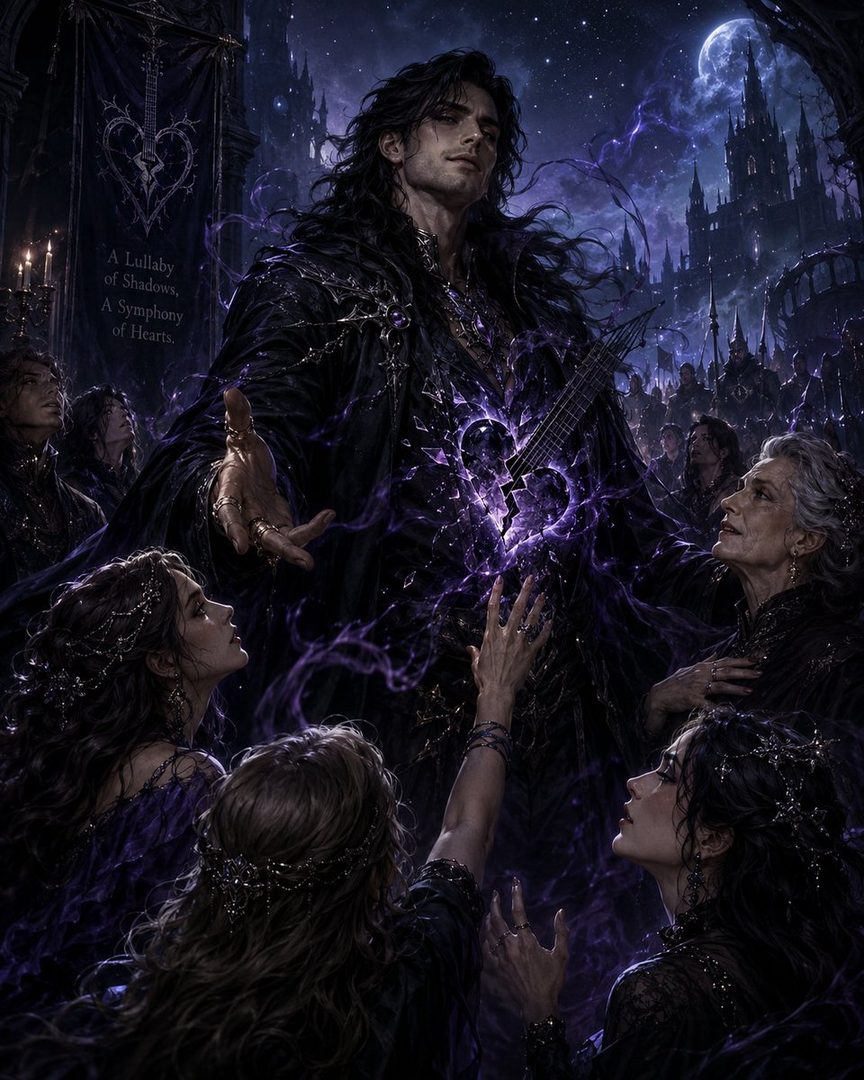 A dark fantasy portrait of a charismatic man with long dark hair, holding a glowing broken heart guitar, surrounded by adoring women in a gothic city at night.