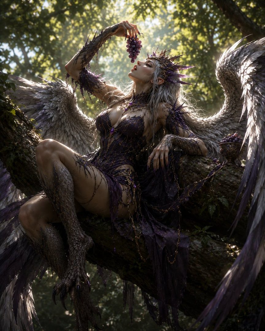 A fantasy portrait of a winged woman with silver hair, wearing a purple, ornate dress, sitting on a tree branch and eating grapes.