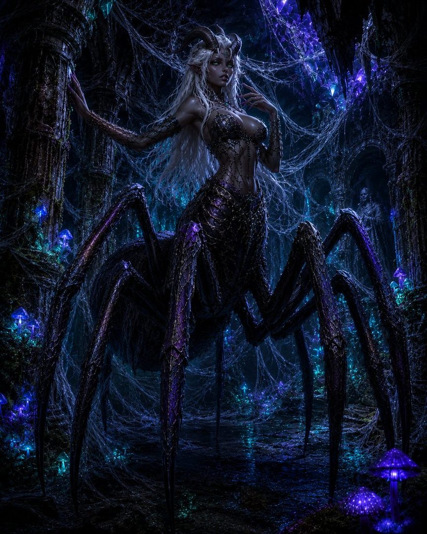 A photorealistic portrait of a spider-like mythical creature with a human torso and spider legs, adorned in intricate dark armor, standing in a mystical, web-filled cavern with glowing mushrooms and crystals.