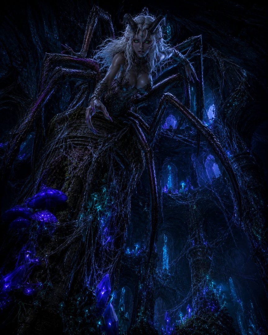 A seductive spider-like woman with horns and long blonde hair, sitting in a dark, mystical cave filled with glowing blue crystals and spiderwebs.