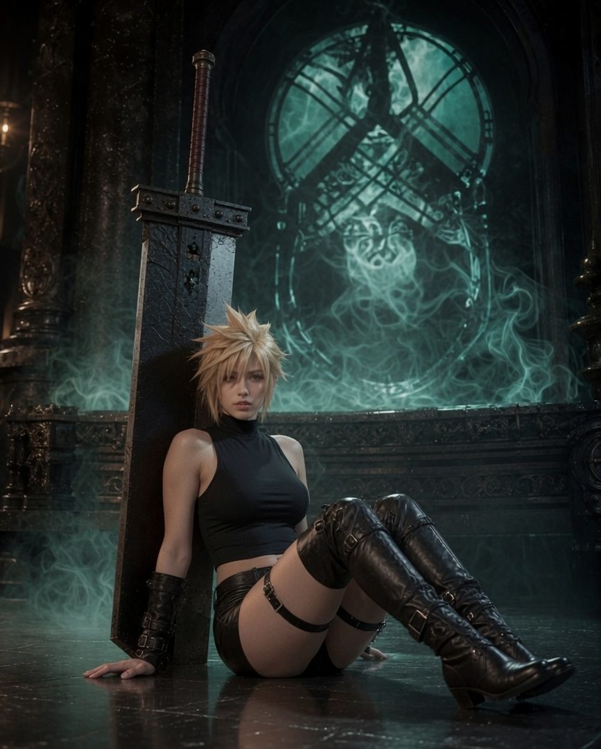 A woman dressed as Cloud Strife from Final Fantasy VII, sitting with a large sword, in a dark, atmospheric setting.