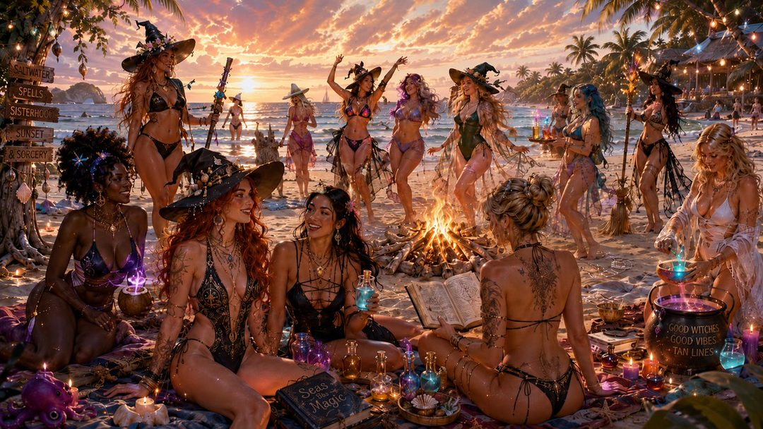 A group of women in bikinis and witch hats are gathered on a beach at sunset, some dancing around a bonfire, others sitting and casting spells.