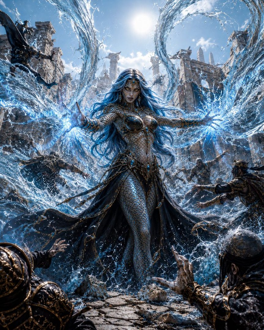 A powerful sorceress with long blue hair and scaly skin, conjuring water magic amidst ancient ruins.