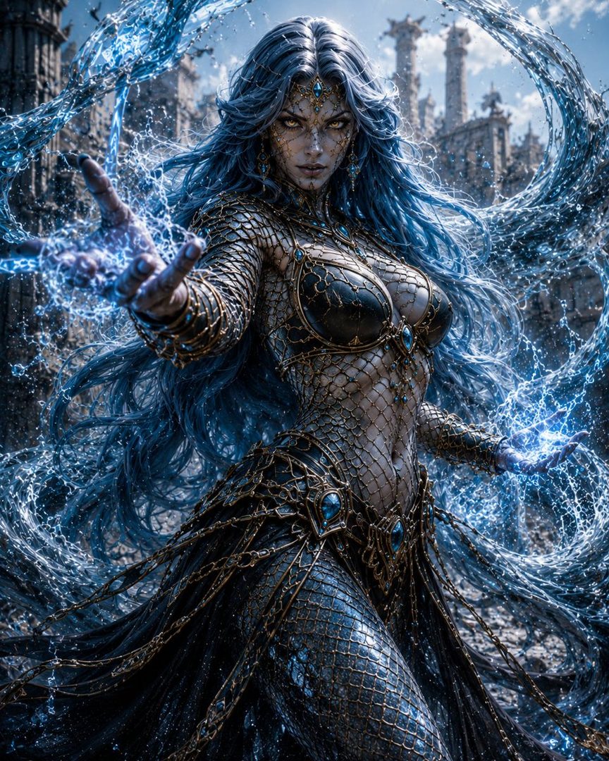 A powerful sorceress with long blue hair and intricate armor, conjuring water magic in a ruined city.