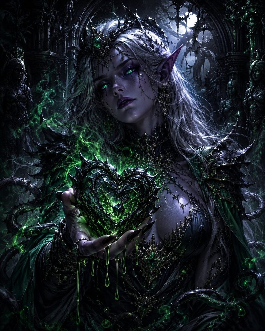 A dark fantasy portrait of an elf queen with glowing green eyes, holding a thorny heart, surrounded by dark magic.