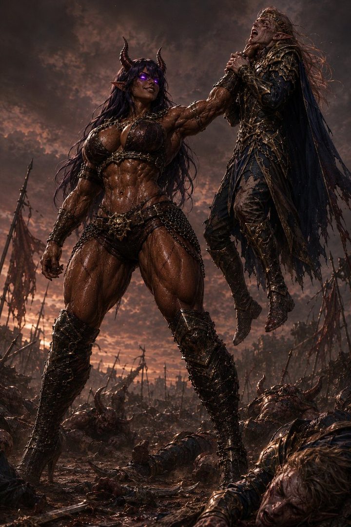 A muscular female demon with horns and glowing purple eyes stands triumphantly over a defeated elf in a desolate battlefield.