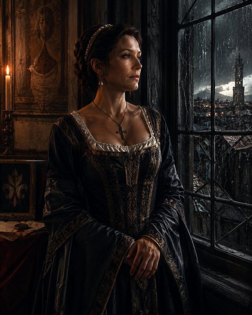 A woman dressed in historical attire stands by a window, looking out at a rainy cityscape with a prominent tower.