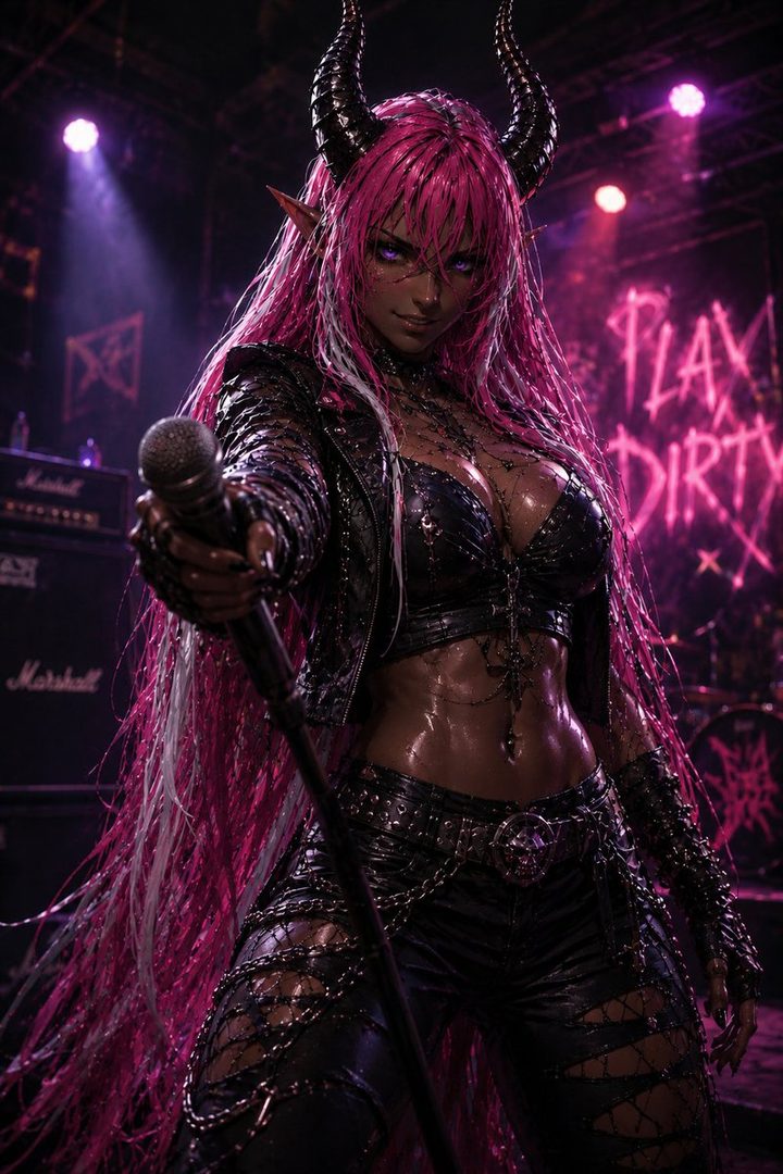 A punk-rock inspired AI-generated portrait of a woman with long, flowing pink hair, demon horns, and a leather outfit, holding a microphone on stage.