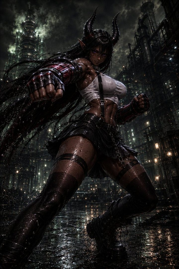 A muscular female demon character with horns and long black hair, wearing a white crop top and a short black skirt, poses in a dark, rainy city at night.