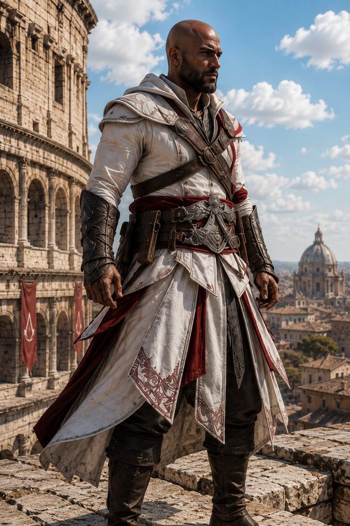 A man dressed as Ezio Auditore from Assassin's Creed stands on a rooftop overlooking a city, with the Colosseum in the background.