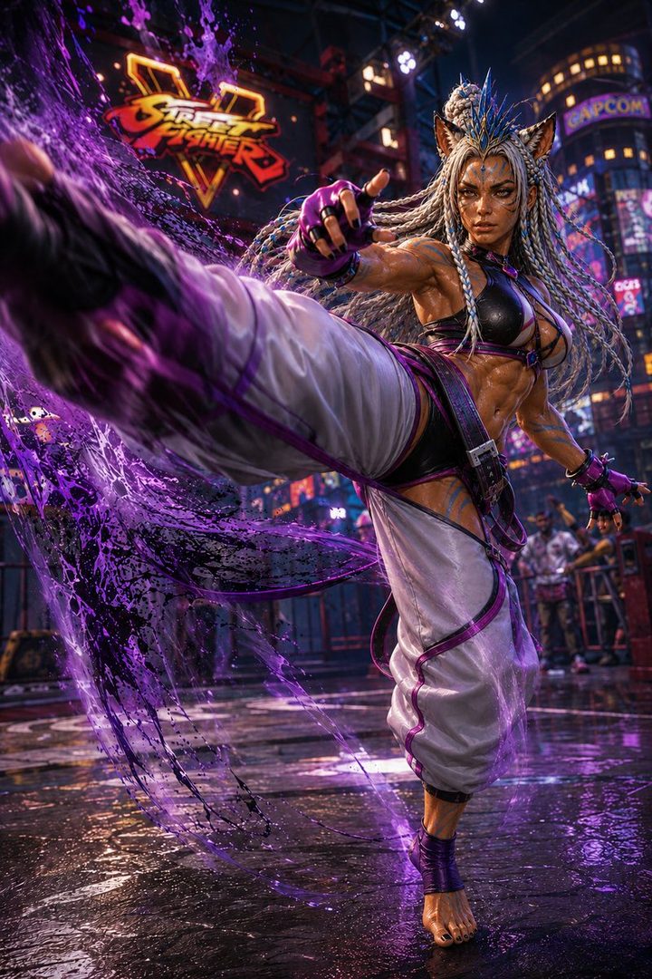 A muscular woman with long braided white hair and cat ears performs a dynamic kick with purple energy effects, in a neon-lit street setting with a Street Fighter logo visible.