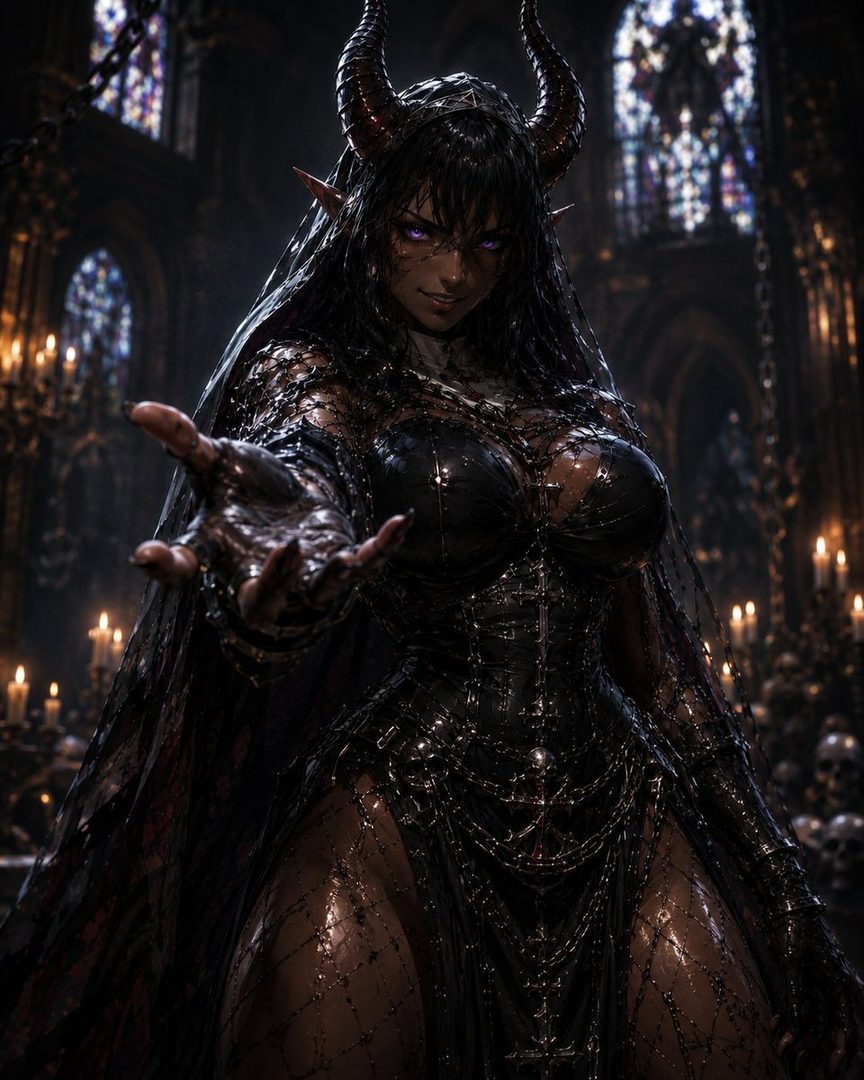 A dark fantasy portrait of a succubus with horns and glowing purple eyes, wearing a revealing black outfit, standing in a dimly lit gothic cathedral.