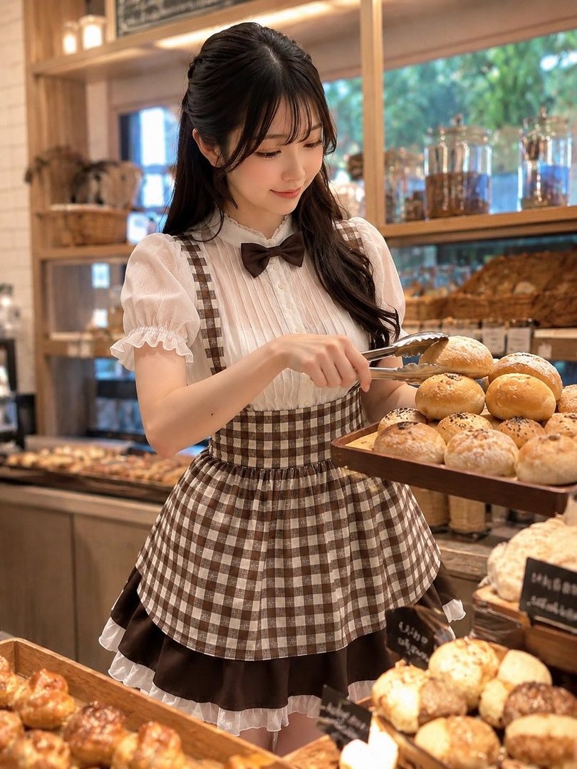 A young woman in a maid outfit with a brown checkered apron and a white blouse, holding tongs and a tray of bread rolls in a bakery.
