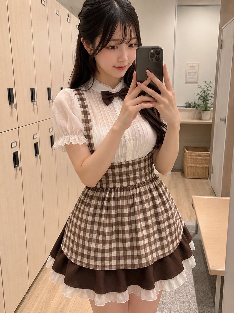 A young woman in a maid outfit takes a selfie in a locker room.