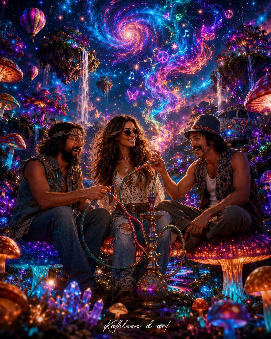 Three adults in a psychedelic, trippy outdoor scene, sitting on mushrooms and sharing a hookah, with a galaxy and hot air balloons in the background.