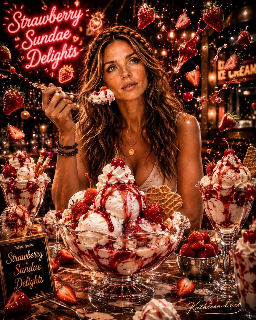 A woman with braided hair eating a strawberry sundae, surrounded by more sundaes and strawberries.