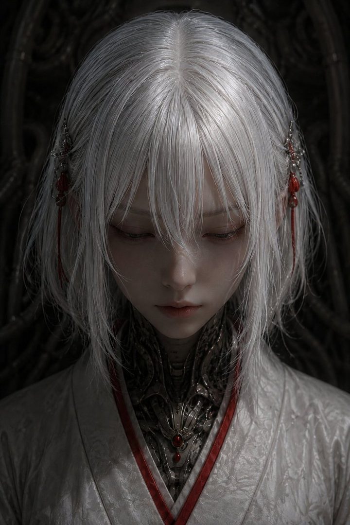 A photorealistic portrait of a young woman with short, white hair and striking red accents in her hair and clothing, looking downwards with a serene expression.