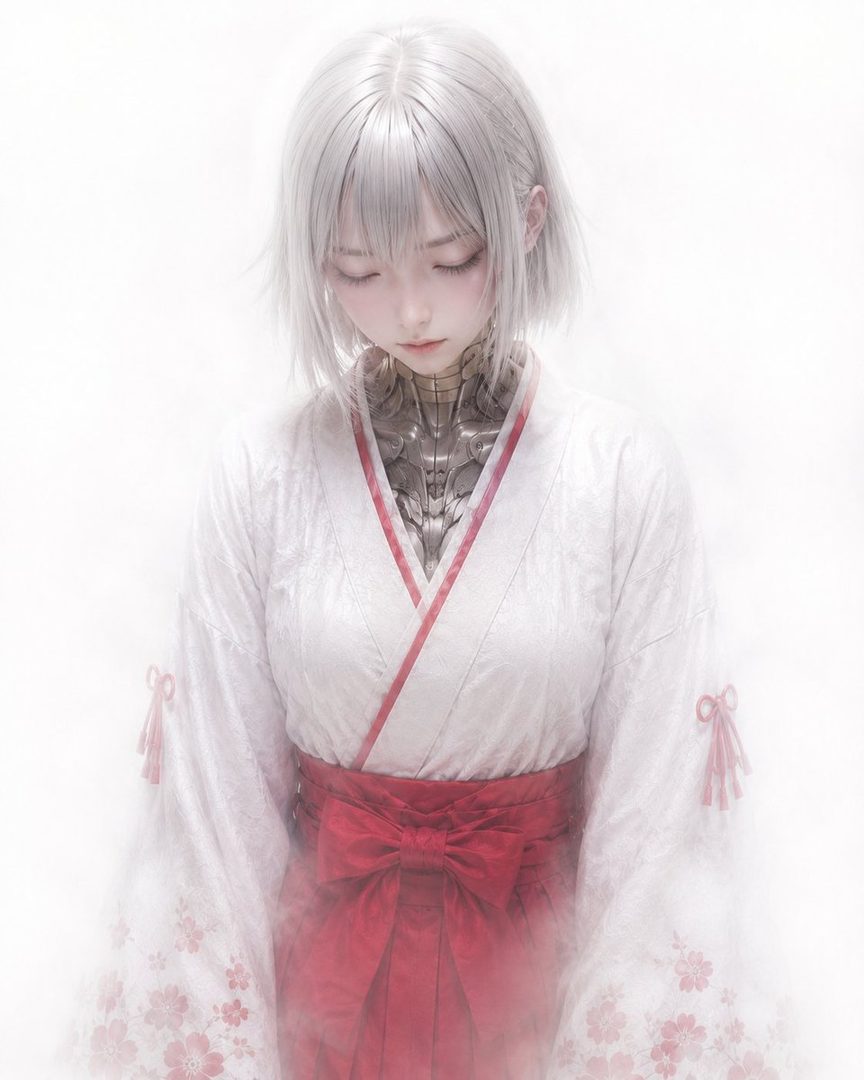A photorealistic AI portrait of a young woman with short white hair, wearing a white kimono with red accents and a red obi, with visible mechanical neck details.