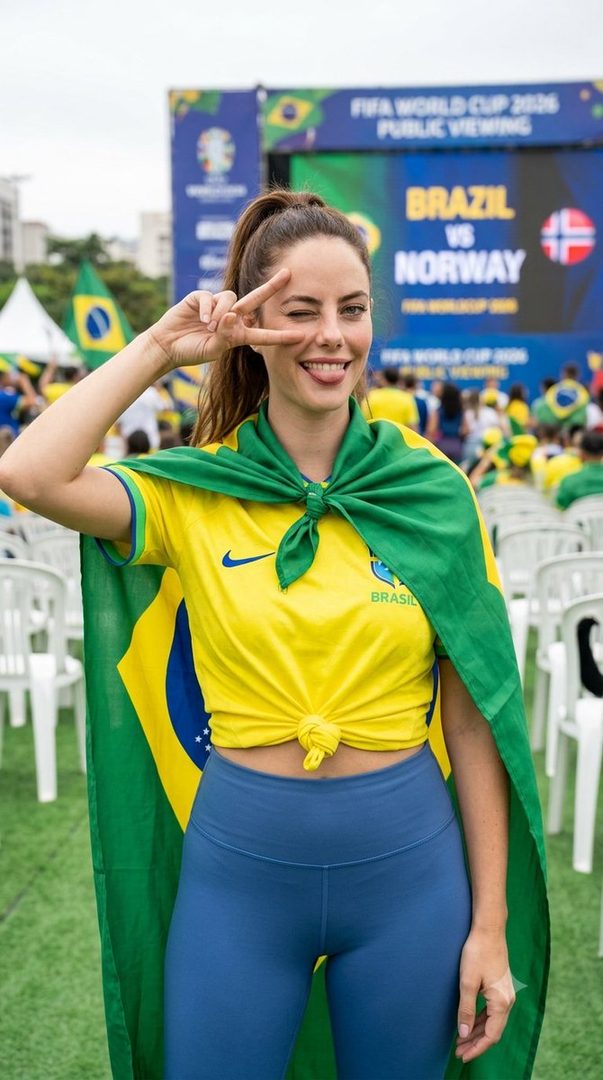 A woman wearing a Brazilian soccer jersey and a green cape, making a peace sign and winking, with a FIFA World Cup public viewing screen in the background.