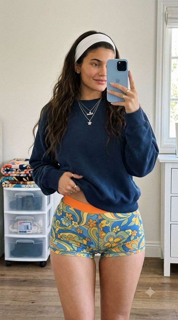 A young woman with long brown hair, wearing a navy sweatshirt and colorful patterned shorts, takes a selfie in a room.