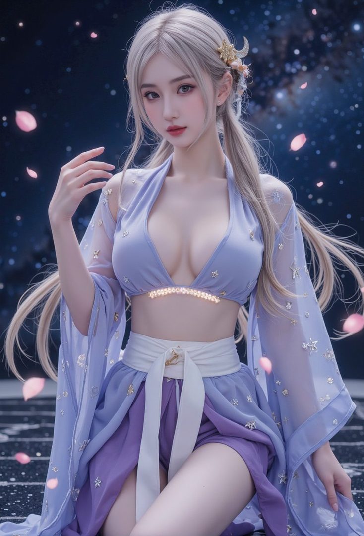 A beautiful AI-generated woman with long blonde hair, wearing a light purple outfit with star patterns, posing against a starry night background.
