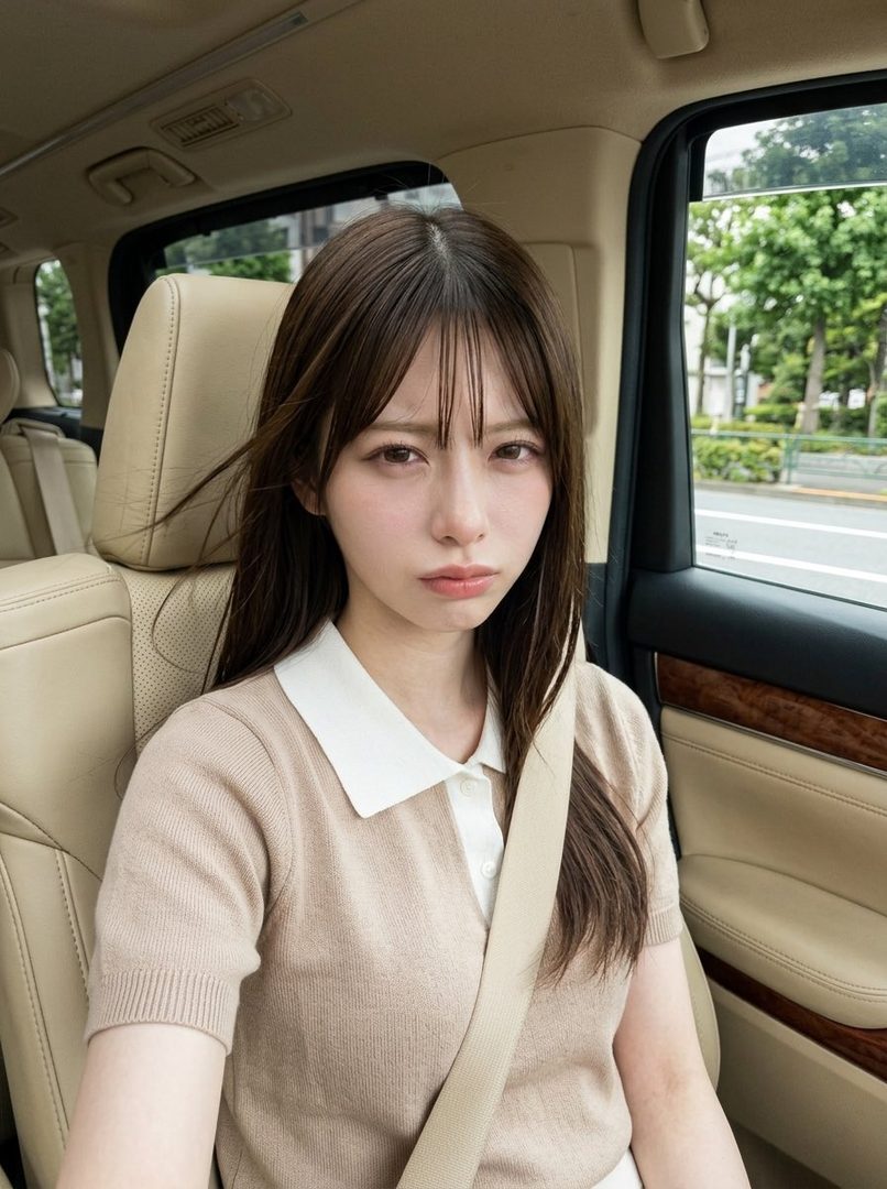 A young woman with long brown hair and bangs, wearing a beige polo shirt, pouts at the camera while sitting in a car with a seatbelt on.