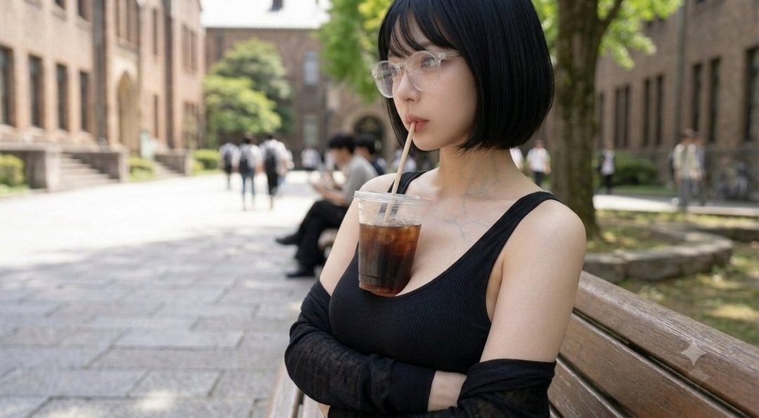 A young East Asian woman with short black hair and glasses, wearing a black tank top, sits on a park bench outside a university building, drinking iced coffee.