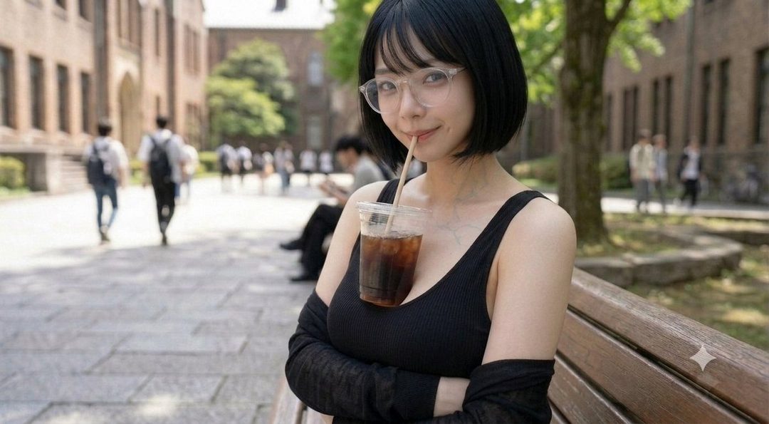 A young woman with short black hair and glasses sips a coffee on a park bench at a university campus.