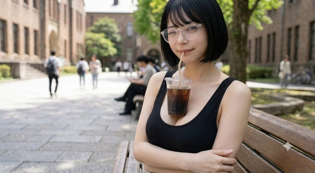 A young woman with short black hair and glasses winks while holding a cup of iced coffee, sitting on a bench outdoors on a sunny day.