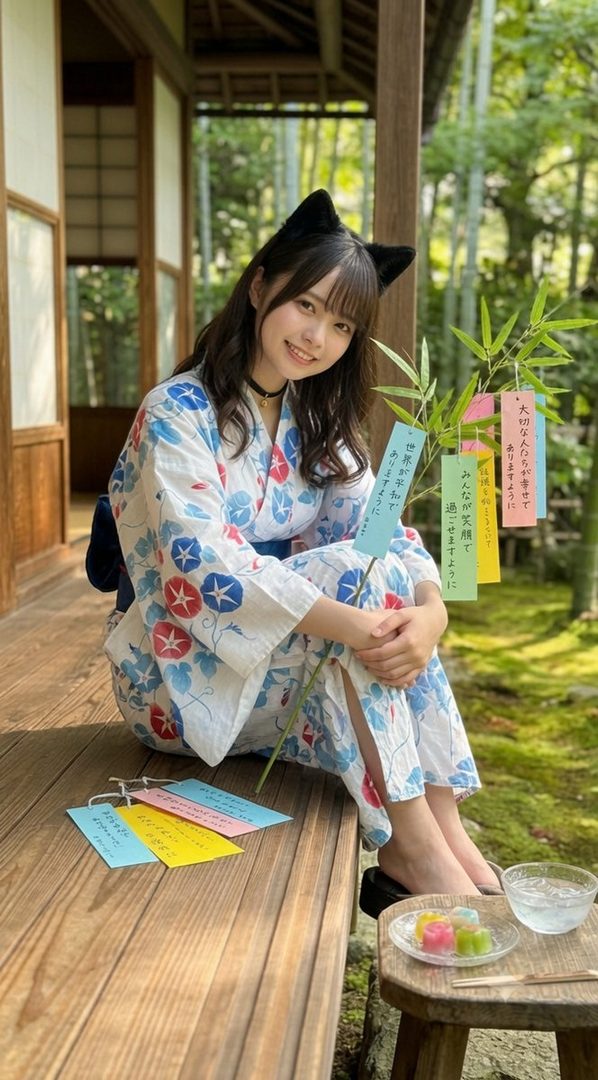 A young woman in a yukata with cat ears sits on a wooden porch, holding a bamboo branch with colorful tanzaku wishes.