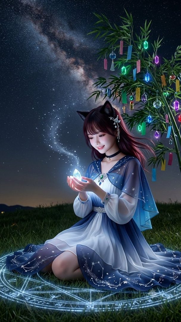 A young woman with cat ears sits in a grassy field at night, holding a glowing crystal under a starry sky with a decorated bamboo tree.