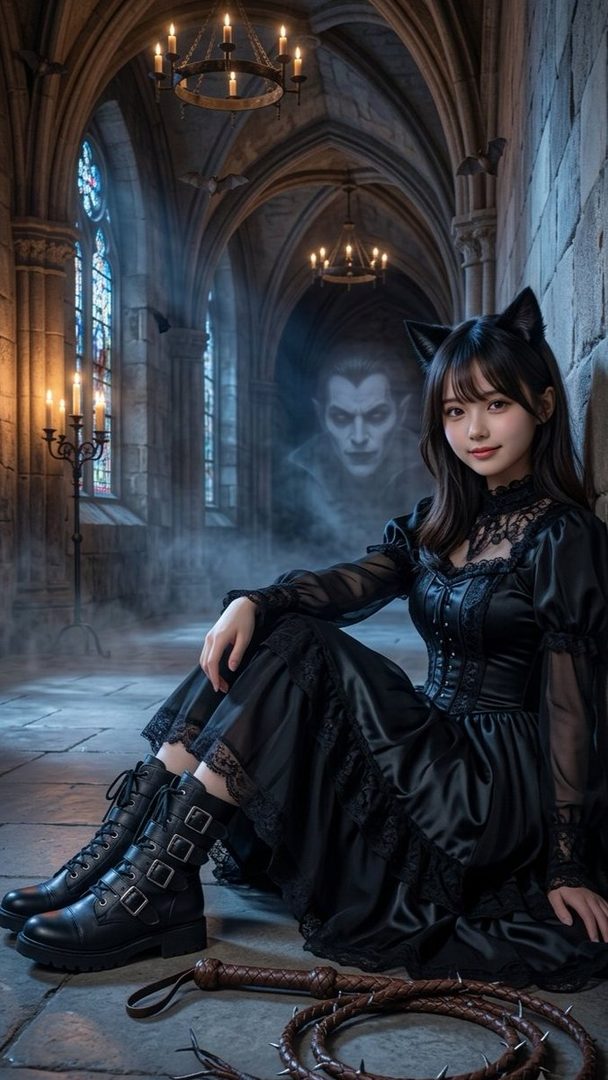 A young woman with black cat ears and a black gothic dress sits in a dimly lit gothic hall, with a ghostly vampire figure in the background.