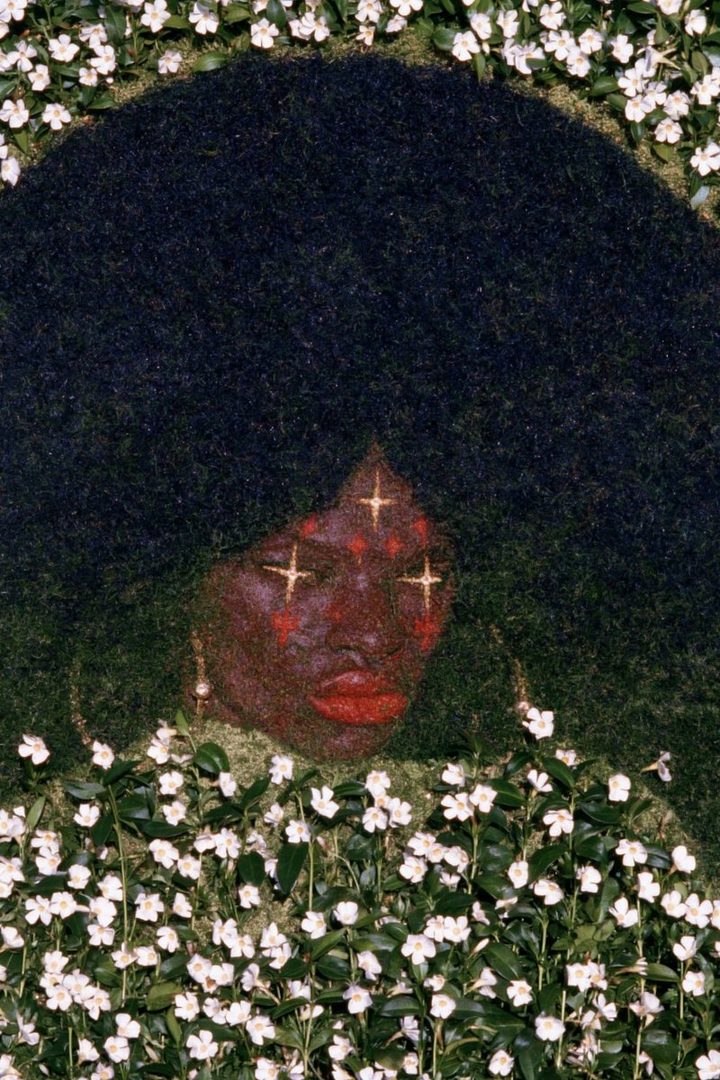 A portrait of a person with dark, voluminous hair, adorned with golden star-like markings on their face and red lipstick, surrounded by white flowers.